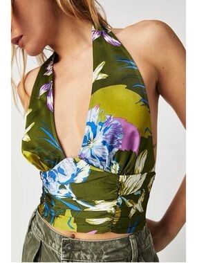 Free People Seraphina Halter Top Size XL Green Floral Tie Back Summer Beach